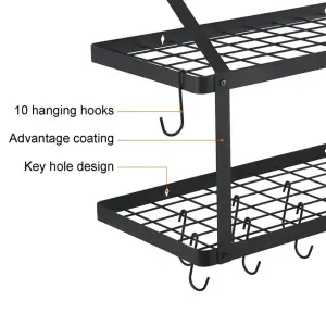 2 Tiers Metal Kitchen Storage Shelves Kitchen Organizer Saucepan Pan Pot Rack with 10 Hooks Wall Mounted