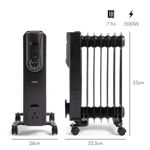 VonHaus Oil Filled Radiator 7 Fin, Oil Heater Portable Electric Free Standing 1500W for Home, Office, Any Room