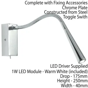 Adjustable LED Wall Light Warm White Chrome Flexible Bedside Reading Task Lamp