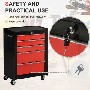 HOMCOM 5-Drawer Lockable Steel Tool Storage Cabinet Wheels Handle 2 Keys Red