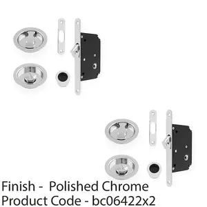 2 PACK - Sliding Pocket Door Lock & Latch Set - Polished Chrome Round Forend Finger Pull