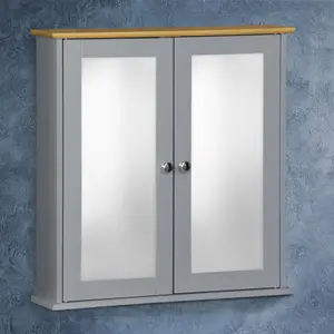 Double Mirror Bathroom Cabinet - Grey with Bamboo Top