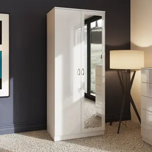 2 Door Mirrored White Gloss Double Wardrobe Scratch Resistant Bedroom Furniture