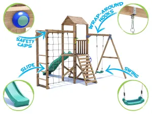 Dunster House Climbing Frame with Swing, Slide, Bars & Net BalconyFort High Platform