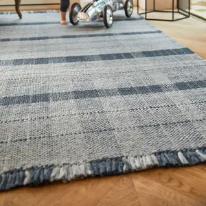 Check Blue Geometric, Hand Made, Luxurious , Modern , Tartan Rug for Bedroom & Living Room-80cm X 150cm