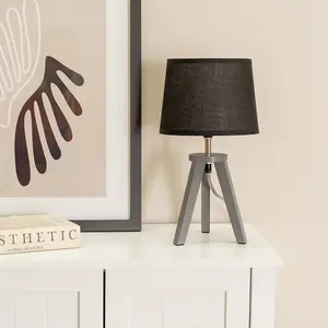 ValueLights Jackson Pair of Grey Wood Tripod Table Lamps with Black Shades and LED Bulbs