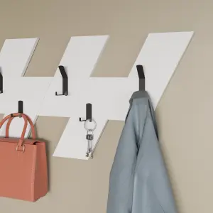 Decortie Modern Livy Wall-Mounted Hanger White Engineered Wood Geometric Shape with 5 Black Metal Hooks 75.2(W)x1.8(D)x45.3(H)cm