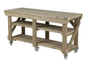 Indoor/outdoor workbench pressure treated station (H-90cm, D-64cm, L-180cm) double shelf and wheels