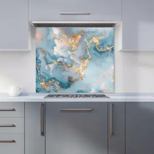 Blue And Gold Marble Effect Premium Glass Kitchen Splashback W900mm x H650mm