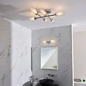 Luminosa Casoria Bathroom Multi Arm Glass Semi Flush Ceiling Lamp, Chrome Plate, Ribbed Glass, IP44