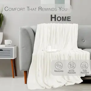 Bedbric Throws for Sofas Large Cozy Blankets and Throws 400 GSM Queen Size Bed Throw Ivory White Blanket