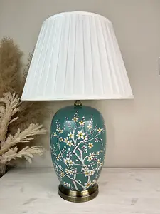 Teal Blossom Ceramic Table Lamp with Pleated Shade