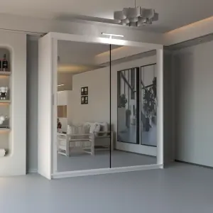 Double Mirror Sliding Door Wardrobe comes in Width 90cm/100cm/120cm/150cm/203cm/250cm(White - 180cm)