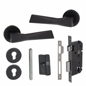 1 Pair Modern Aura Euro Lock Door Handles, 70mm Key & Key Barrell Matt Black Finish - Golden Grace