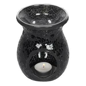 Black Glass Flared Oil, Wax Melt Burner. Mirrored Crackle Effect. H14 cm