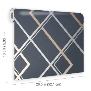 GoodHome Ashbourne Blue Metallic effect Geometric Smooth Wallpaper