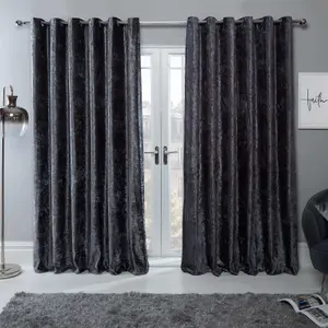 Sienna Crushed Velvet Eyelet Ring Top Pair of Fully Lined Curtains - Charcoal 46" x 72"