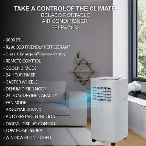 Belaco Air Conditioning Unit, Portable,  9000BTU 4-in1 , Timer, Remote, Dual Window Kit