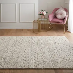 Handmade Modern Easy to Clean Beige Ivory Wool Geometric Living Room Bedroom Rug-120cm X 170cm