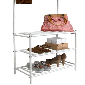 Wardrobe - shoe rack with 3 shelves, 18 hooks  - white