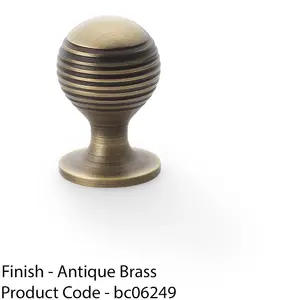 Reeded Ball Door Knob - 25mm Diameter Antique Brass Lined Cupboard Pull Handle