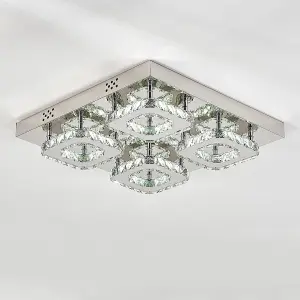 Square Large Glamourous Crystal Chrome effect LED Ceiling Light Fixture 42x42 cm, Dimmable