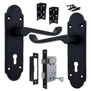 Epsom Door Handle Key Lock Scroll Lever - Matt Black Pack Hinges