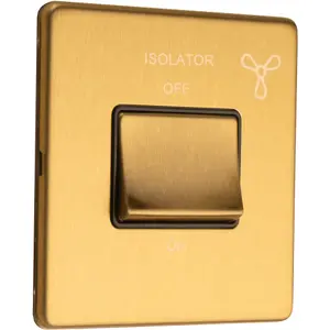 SCREWLESS 6A Extractor Fan Isolator Switch SATIN BRASS 3 Pole Shower Plate