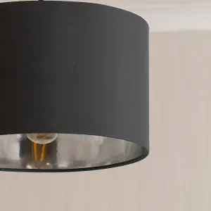 ValueLights Reni Small Black Fabric with Metallic Chrome Silver Inner Drum Ceiling Lamp Shade and Bulb