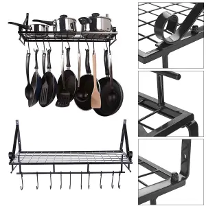 Kitchen Metal Shelves Saucepan Pan Pot Rack Storage Shelf with 10 Hooks Wall Mounted W 90 cm