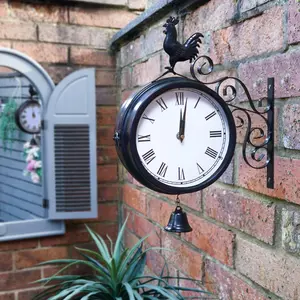 Vintage Outdoor Double Sided Station Clock 20cm with Metal Cockerel Rooster Chicken