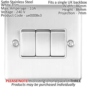 3 PACK 3 Gang Triple Metal Light Switch SATIN STEEL 2 Way 10A White Trim