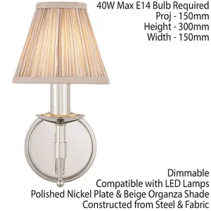 Avery Luxury Single Arm Wall Light Traditional Bright Nickel & Beige Pleat Shade