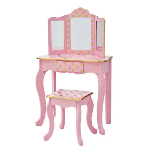 Teamson Kids Dressing Table, Play Vanity Set with Mirror & Stool - Pink/Gold/Polka Dots