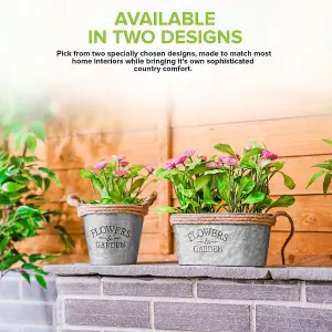 LIVIVO Zinc Plant Pot with Cotton Rope Handles - 'Flowers & Garden' Design for Outdoor or Indoor, Flower Herb & Pot (Set of 3)