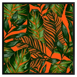 Green tropical leaves on orange (Picutre Frame) / 24x24" / Oak