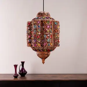 ValueLights Leyla Moroccan Bazaar Style Bronze Lantern Easy Fit Ceiling Light Shade with Multi Coloured Jewels - Bulb Included