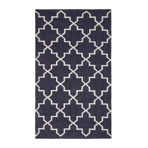 Homescapes Edmonton Navy Blue and White 100% Cotton Geometric Pattern Kilim Rug, 160 x 230 cm