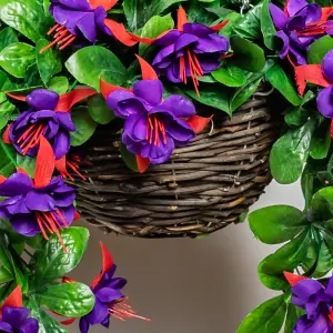 Artificial Fuchsia Flowers Rattan Hanging Basket Decoration Purple 25cm