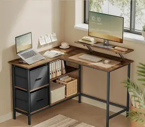 VASAGLE L-Shaped Desk with 2 Spacious Drawers, Gaming Desk with Monitor Stand, Corner Desk, Computer Desk, Rustic Brown