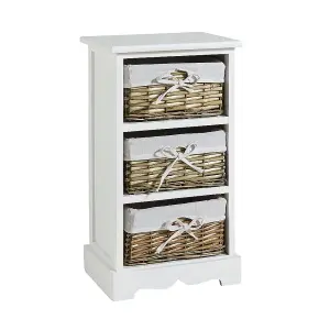 Home Source Lichfield 3 Wicker Basket Drawer Chest Storage Unit White