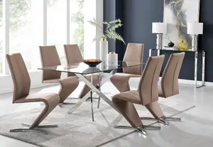 Furniturebox UK Leonardo Glass And Chrome Metal Dining Table And 6 Cappuccino Beige Willow Chairs Dining Set