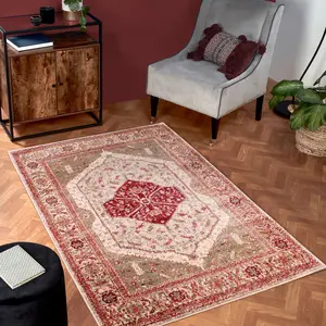 Cream Red Traditional Bordered Geometric Persian Rug Easy to clean Dining Room-80cm X 150cm