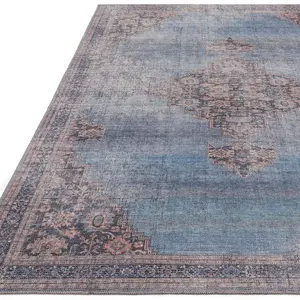 Traditional Blue Persian Bordered Abstract Floral Easy To Clean Rug For Living Room Bedroom & Dining Room-200cm X 290cm