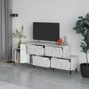 Decortie Hermes Modern TV Unit Multimedia Centre Large Storage 52" TVs Cabinet White Marble Effect 171.2cm