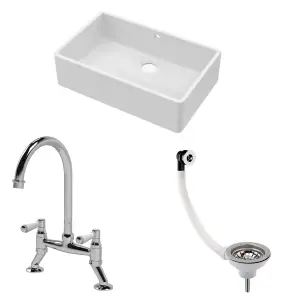 Fireclay Kitchen Bundle - Single Bowl Butler Sink with Overflow, Waste & Bridge Mixer Tap, 595mm - Chrome - Balterley