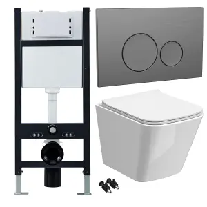 Bubly Bathrooms™ White Rimless Square Wall Hung Toilet Pan, Seat & 1.13m Concealed Cistern Frame - Gunmetal