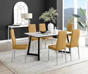 Furniturebox UK Carson White Marble Effect Dining Table & 6 Mustard Velvet Milan Chairs