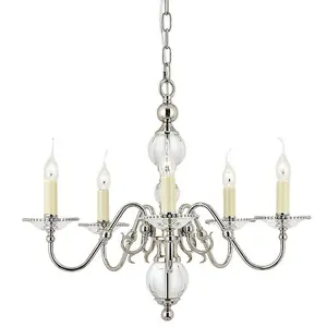 Flemish Ceiling Pendant Chandelier Polished Nickel & Crystal Curved 5 Lamp Light