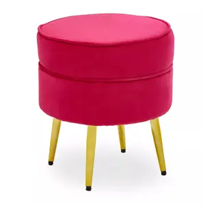 Interiors by Premier Elegant Round Bright Pink Velvet Gold Leg Footstool, Plush Foam Padded Gold Finished Footrest For Bedrooms